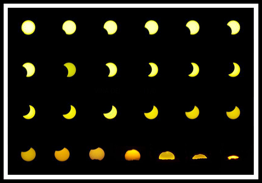 L'eclisse parziale dell'undici luglio vista da Vina del Mar, a circa 300 km a nord da Curico. Da noi il sole, alla fine dell'eclisse, era un po' più alto all'orizzonte (Wikipedia).